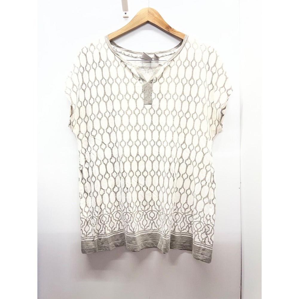 Chico's Size 2 Large Geometric Trellis Print Scoop Neck Short Sleeve Top Taupe
